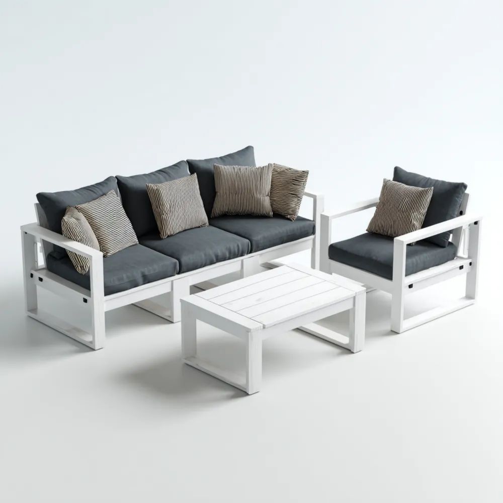 Garten-Sofaset Holzkonstruktion 150x75x70 cm – Weiß/Grau – Modernes Design