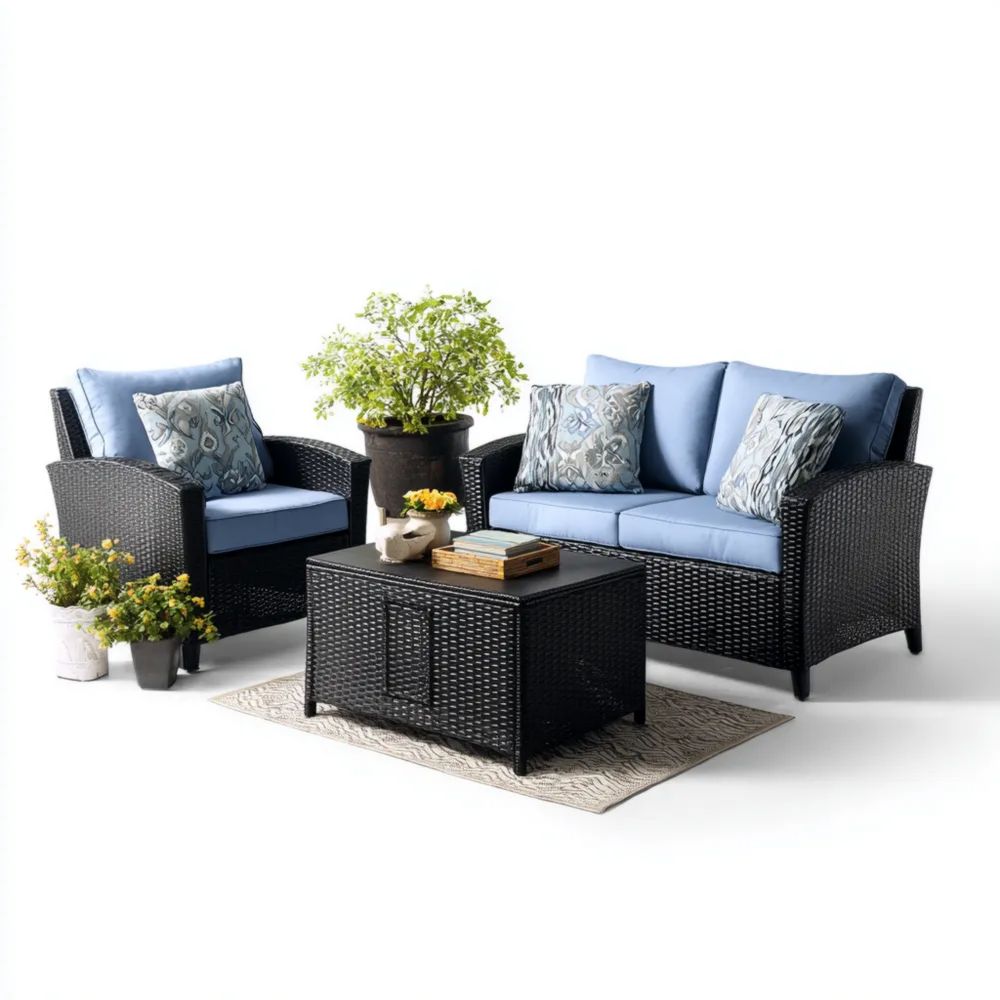 Garten-Sofaset Rattan 120x75x65 cm – Blau – Modernes Design