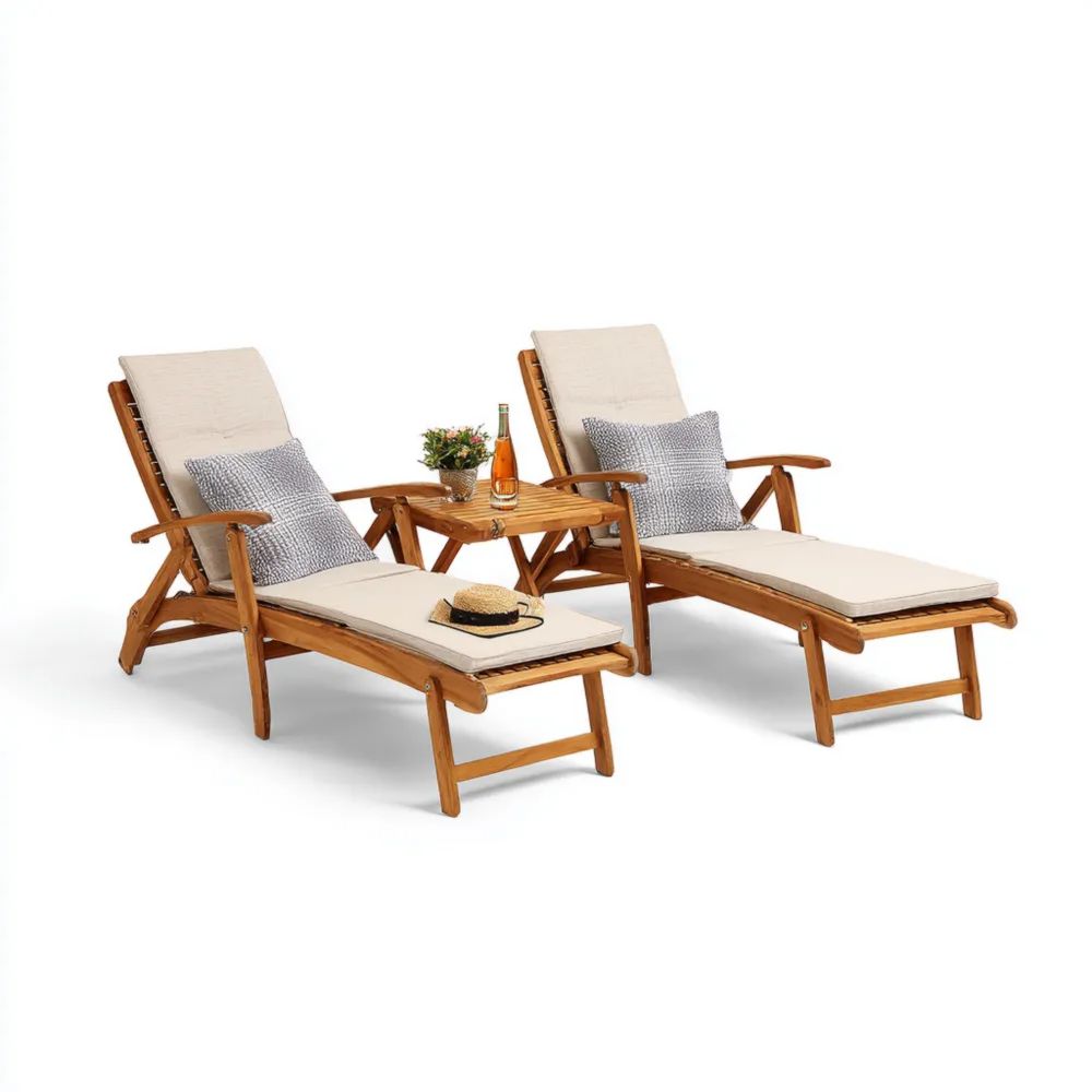 Gartenliegen Set Akazienholz 200x60x90 cm Verstellbare Rückenlehne Cremeweiß – Komfort Design