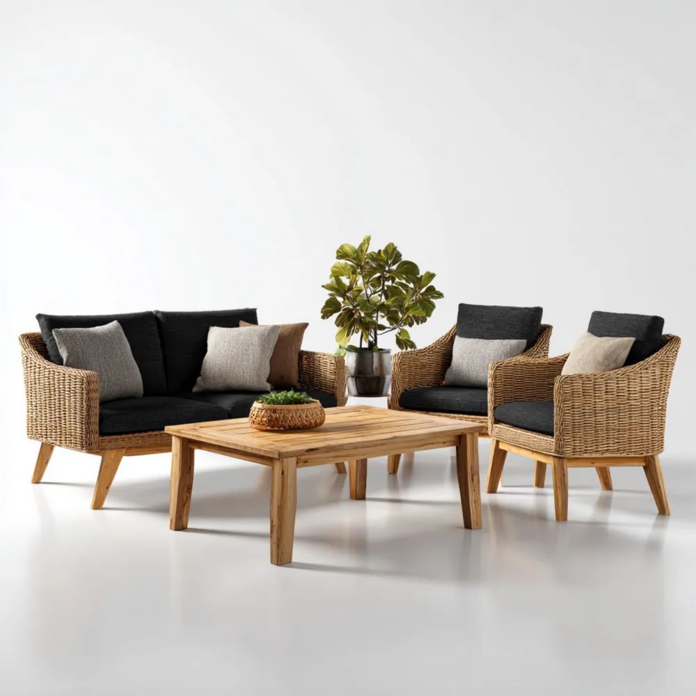 Garten-Sofaset Rattan Schwarz/Natur 130x75x75 cm - Modernes Design