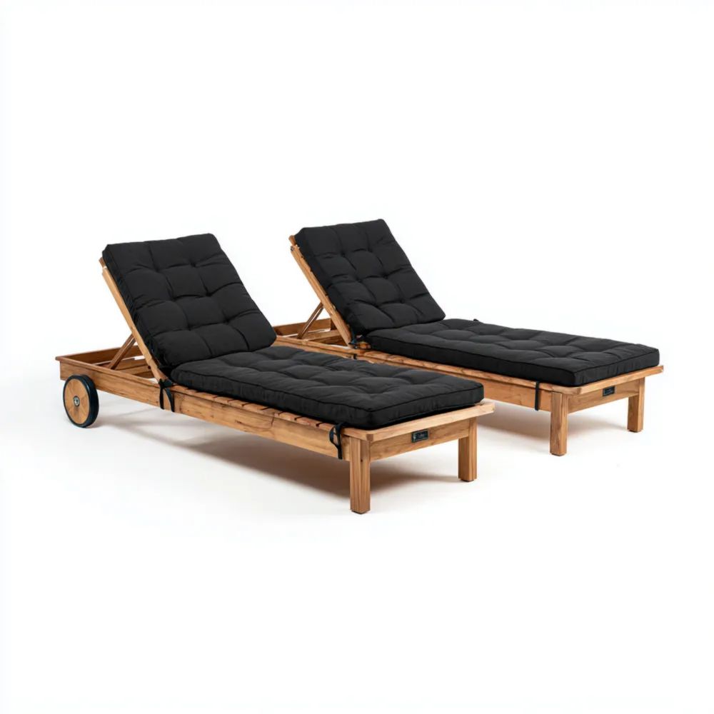 Gartenliege Set aus Holz mit Rollen und schwarzen Polstern - Verstellbar 200x70x35 cm