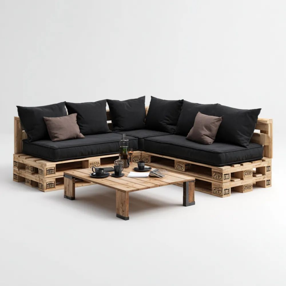 Paletten-Sofaset Holz 210x210x80 cm – Schwarz – Industrielook
