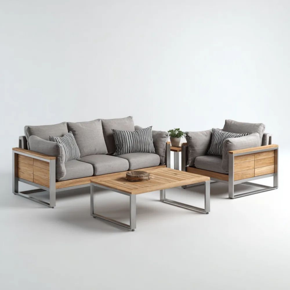 Garten-Sofaset Holz Metall 170x90x75 cm – Hellgrau – Moderner Stil