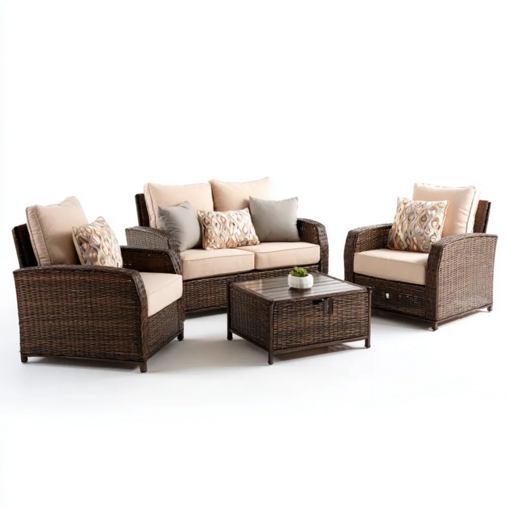 Garten-Sofaset Rattan 3-teilig 130x75x80 cm Braun/Creme – Modernes Design