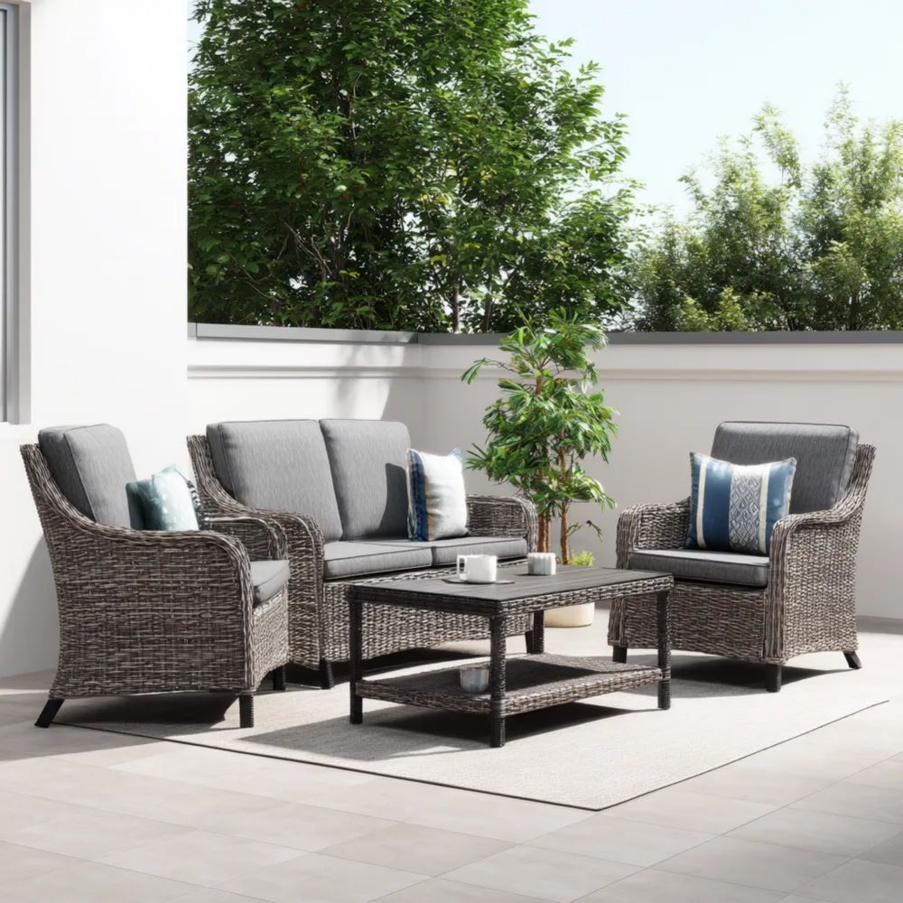 Garten-Sofaset Rattan 4-teilig 130x75x85 cm Grau – Modernes Design