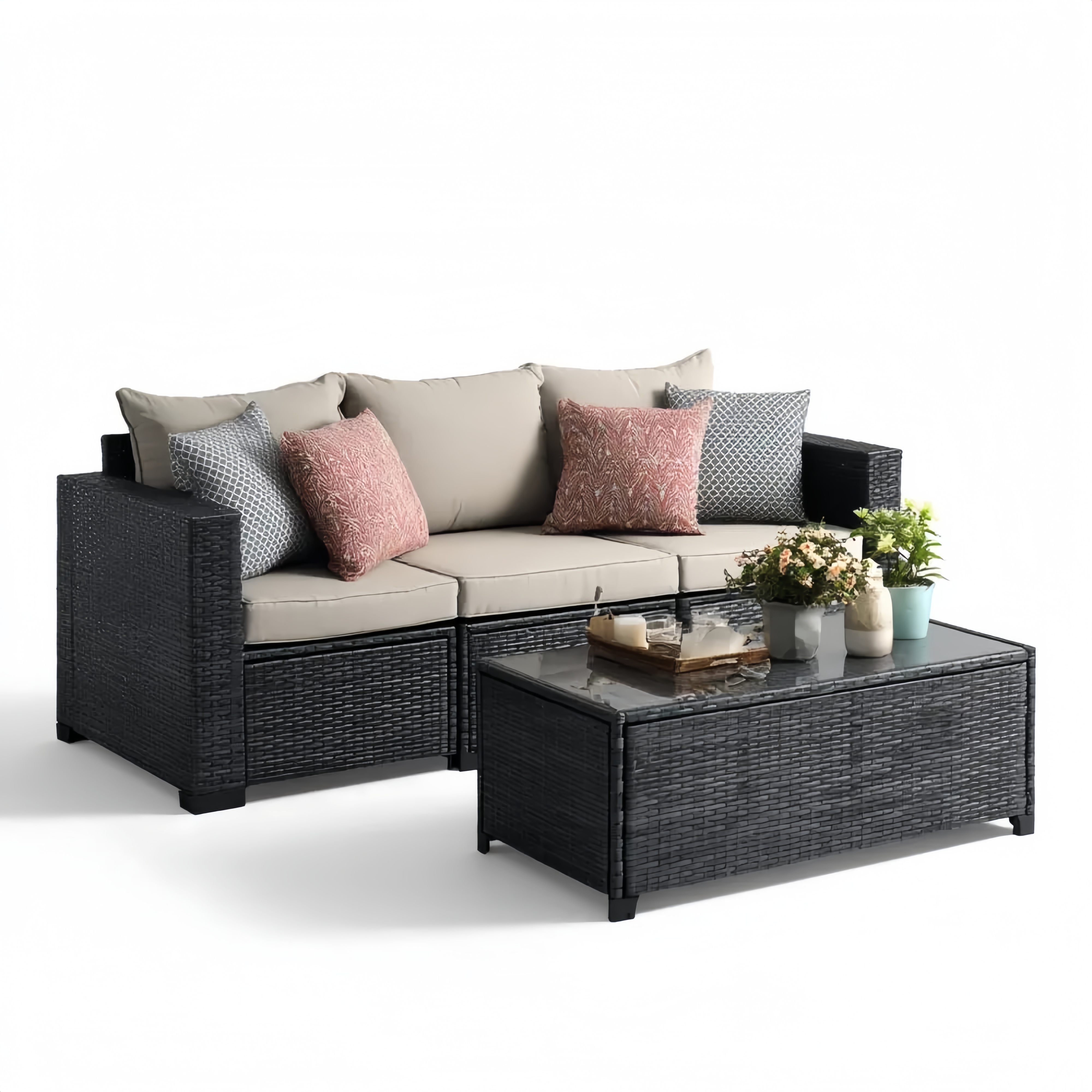 Garten-Sofaset Rattan 2-Sitzer 180x75x66 cm mit Tisch 80x45x40 cm – Schwarz/Beige – Moderner Stil