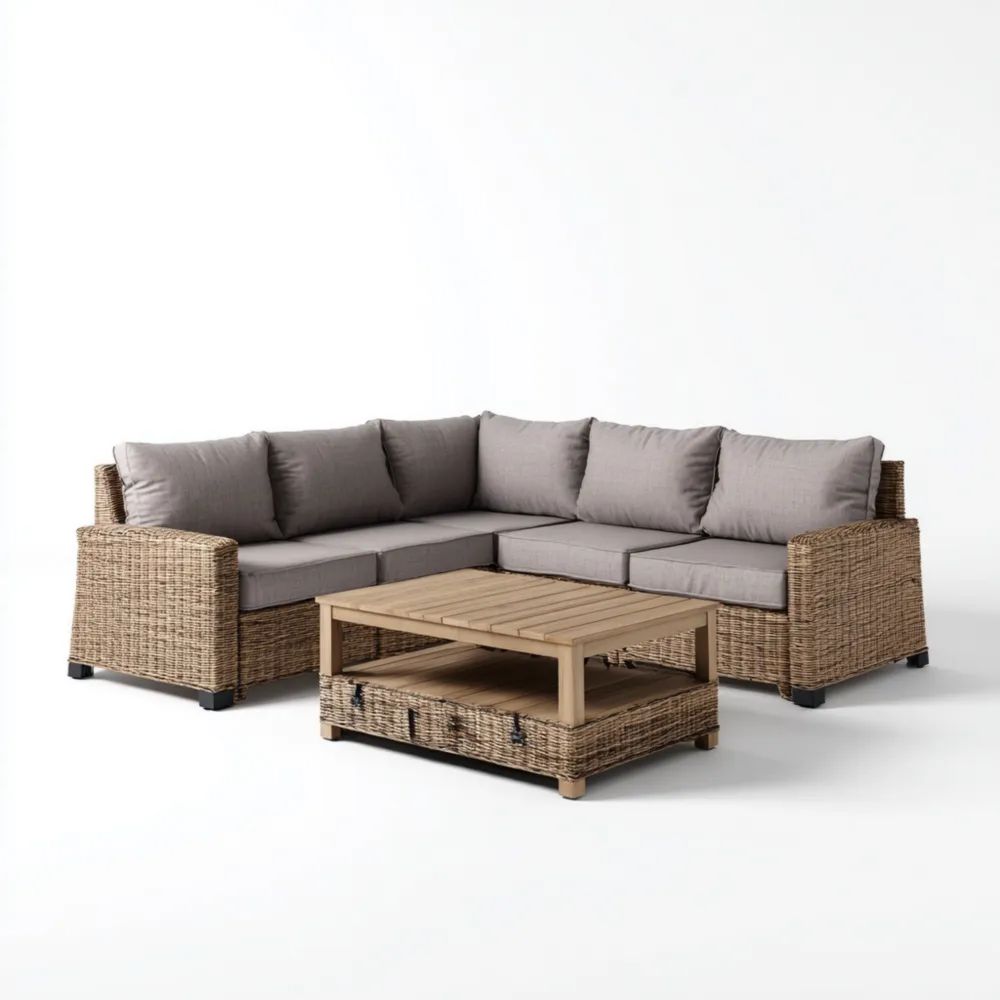 Ecksofa-Set Rattan 200x250x85 cm mit Tisch 100x60x40 cm – Hellgrau – Modernes Design