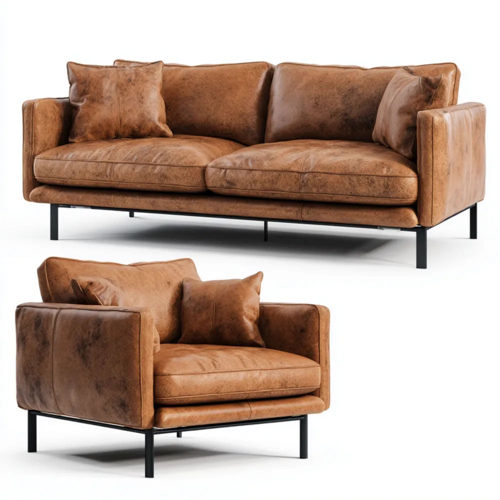 Sofa-Set Lederoptik 200x90x85 cm und Sessel 90x85x85 cm – Braun – Moderner Stil