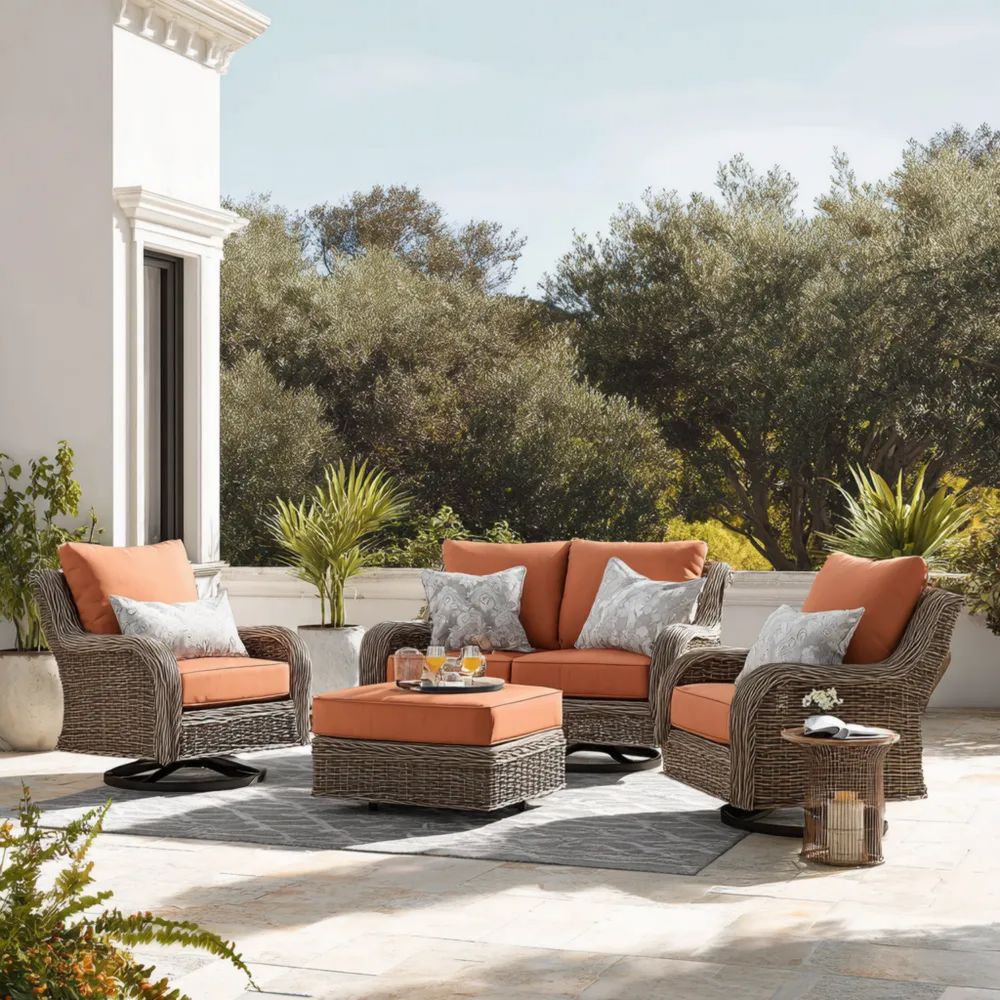 Garten-Sofaset (150x85x75 cm) Polyethylengeflecht 2-Sitzer + 2 Stühle + Tisch – Orange – Moderner Stil