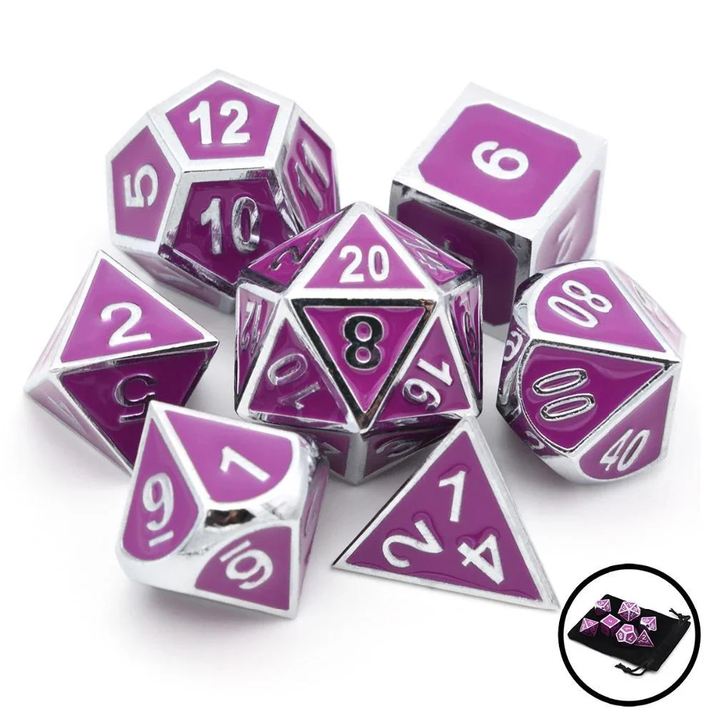 Magenta and Silver Enamel Metal Dice Set | 7 piece