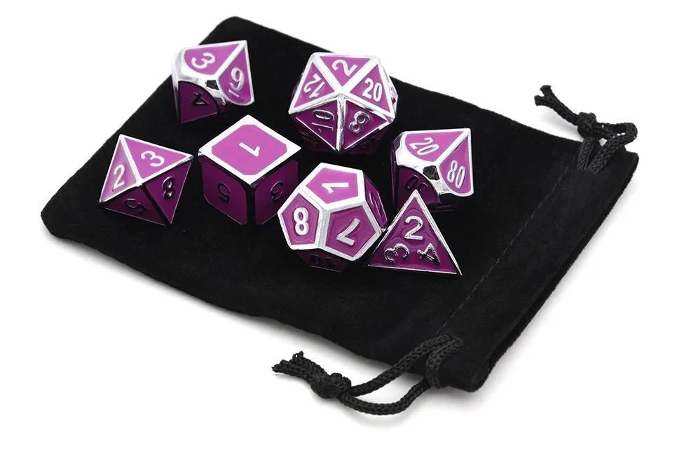 Magenta and Silver Enamel Metal Dice Set | 7 piece