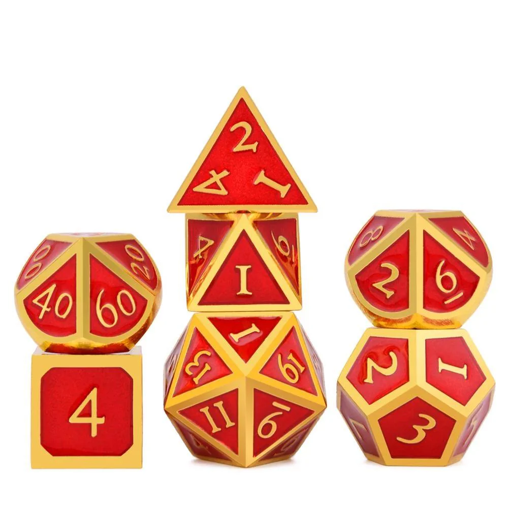 Ruby Red & Gold Enamel Metal Dice Set | 7 piece