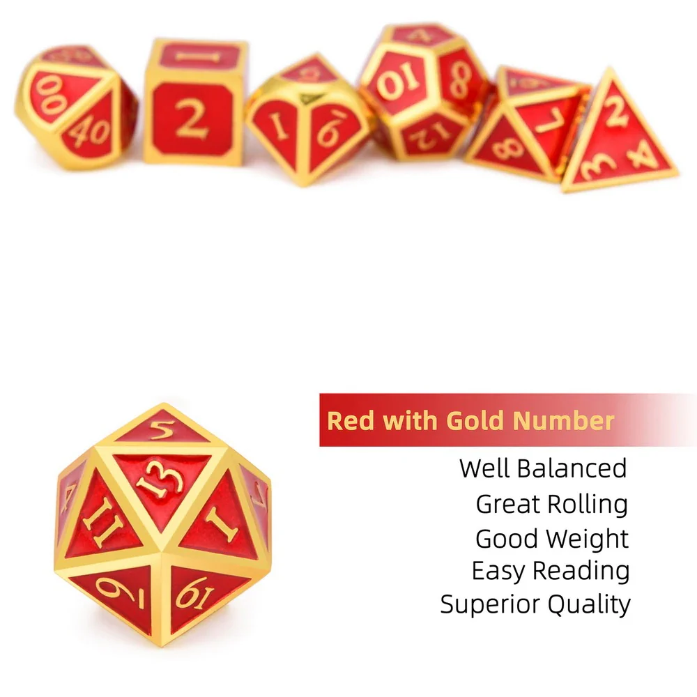 Ruby Red & Gold Enamel Metal Dice Set | 7 piece