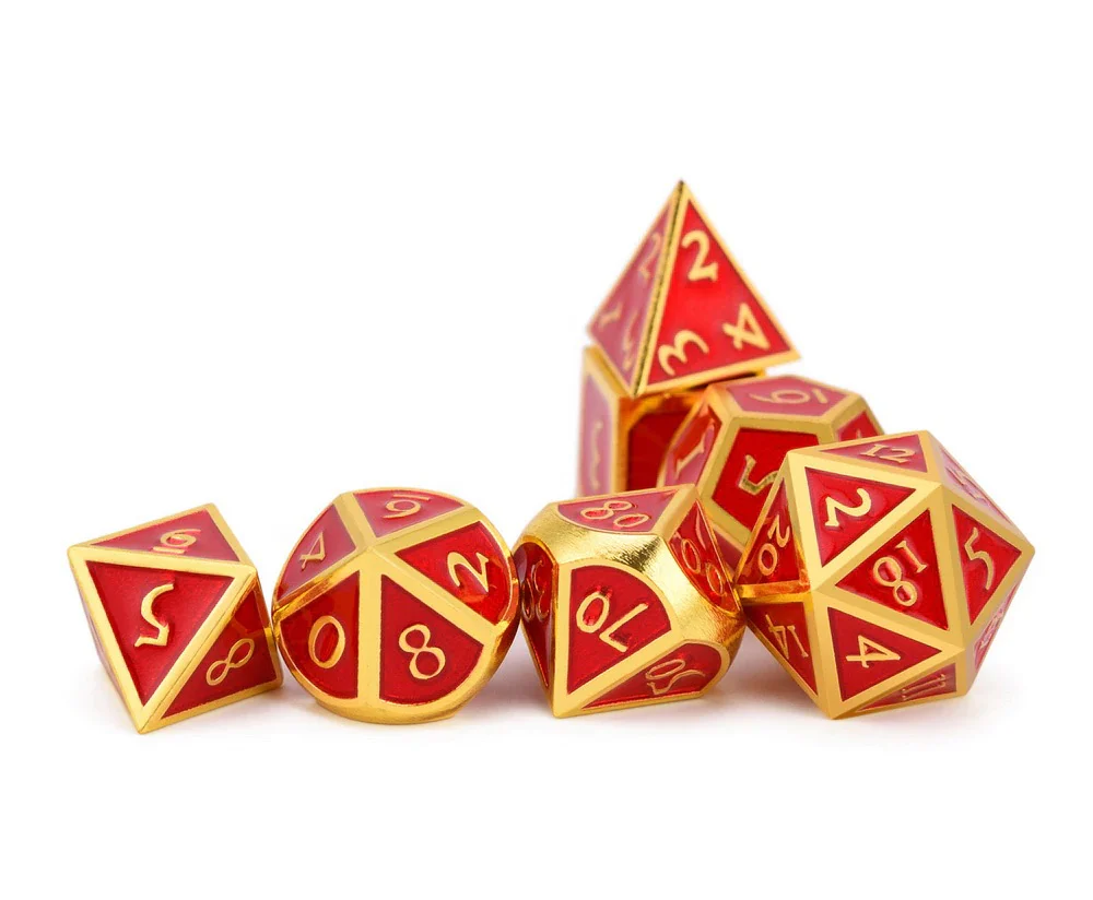 Ruby Red & Gold Enamel Metal Dice Set | 7 piece