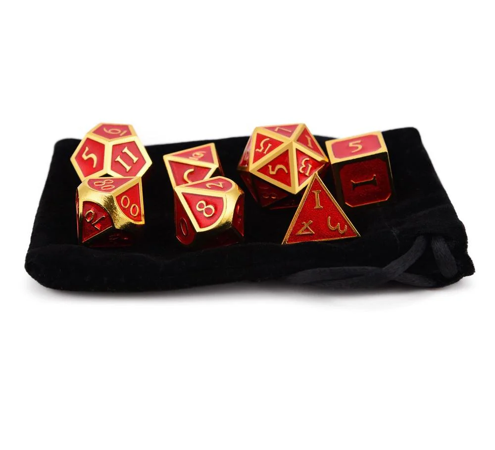 Ruby Red & Gold Enamel Metal Dice Set | 7 piece