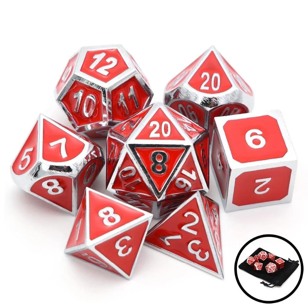 Ruby Red & Silver Enamel Metal Dice Set | 7 piece