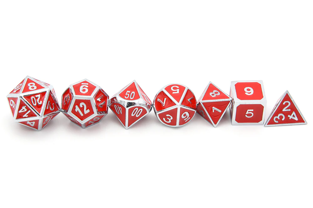Ruby Red & Silver Enamel Metal Dice Set | 7 piece