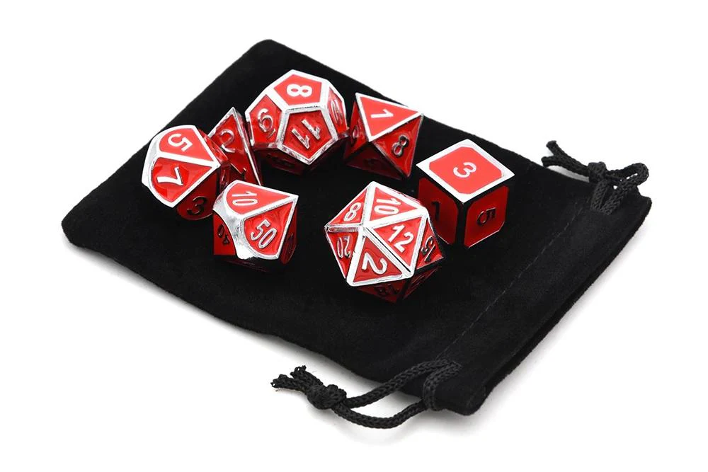 Ruby Red & Silver Enamel Metal Dice Set | 7 piece