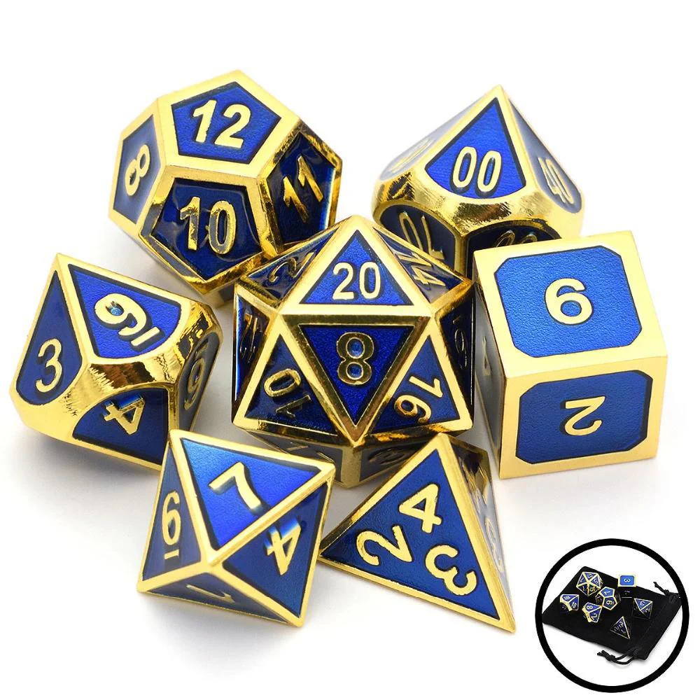 Steel Blue & Gold Enamel Metal Dice Set | 7 piece