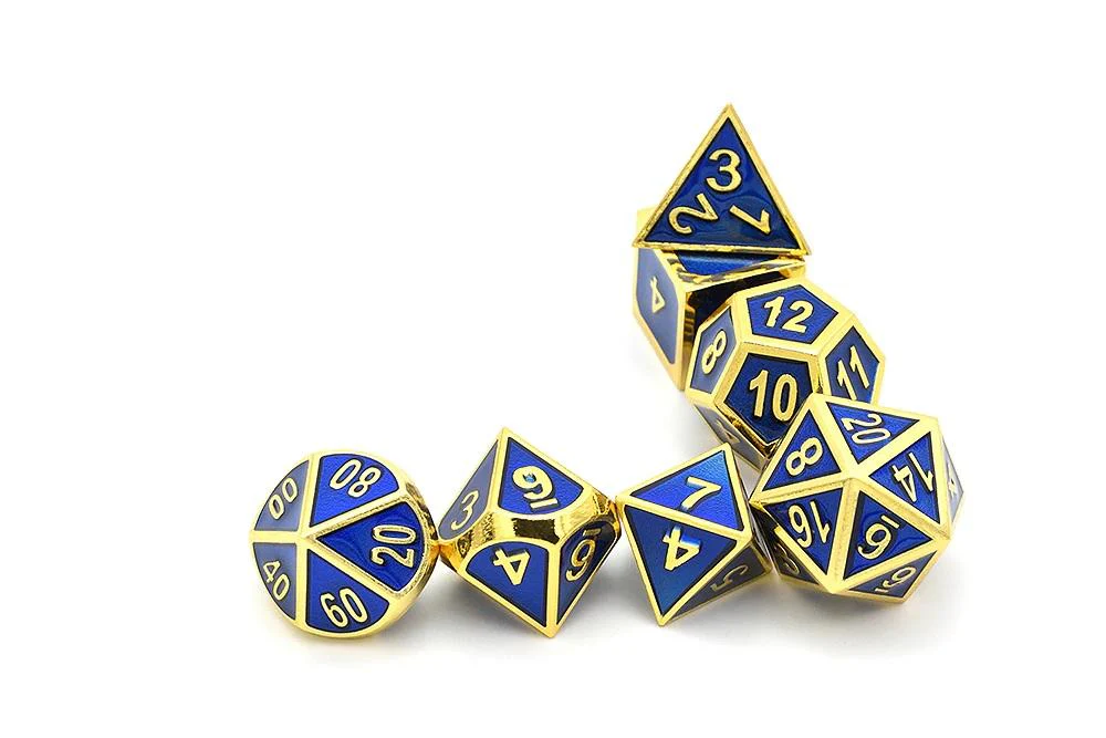 Steel Blue & Gold Enamel Metal Dice Set | 7 piece