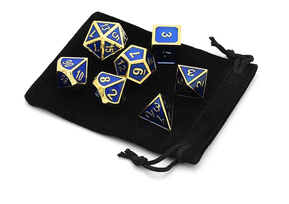 Steel Blue & Gold Enamel Metal Dice Set | 7 piece