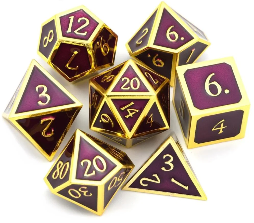 Wine Purple & Gold Metal Dice Set | 7 piece