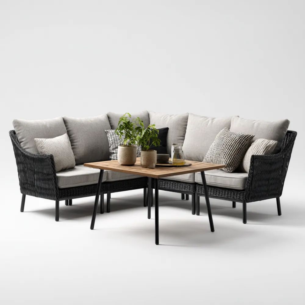 Gartensofa-Set Rattan 200x200x45 cm – Schwarz/Grau – Moderner Stil