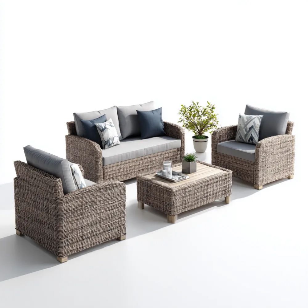 Garten-Sofaset Rattan 4-teilig – Zweiersofa 150x75x80 cm – Grau – Modernes Design