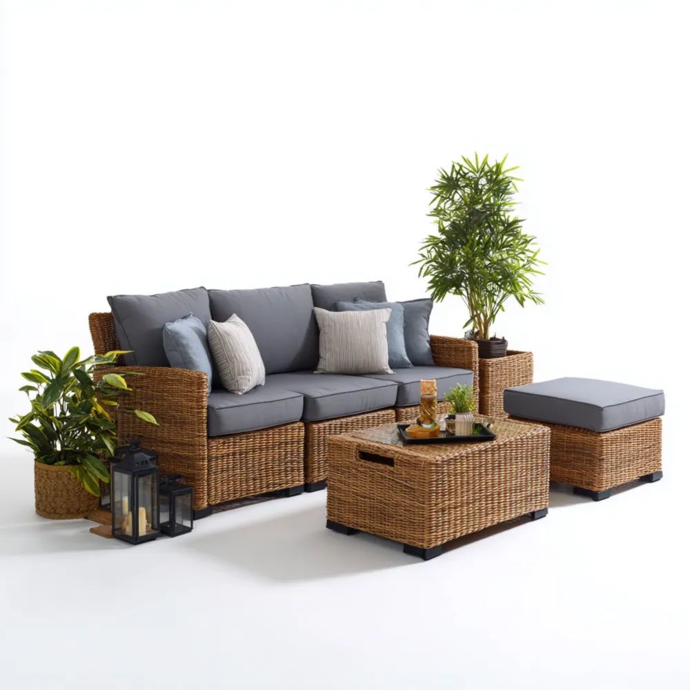 Garten-Sofaset Rattan 3-Sitzer 180x75x85 cm mit Tisch 70x50x35 cm und Hocker 60x50x40 cm - Grau/Natur - Modernes Design