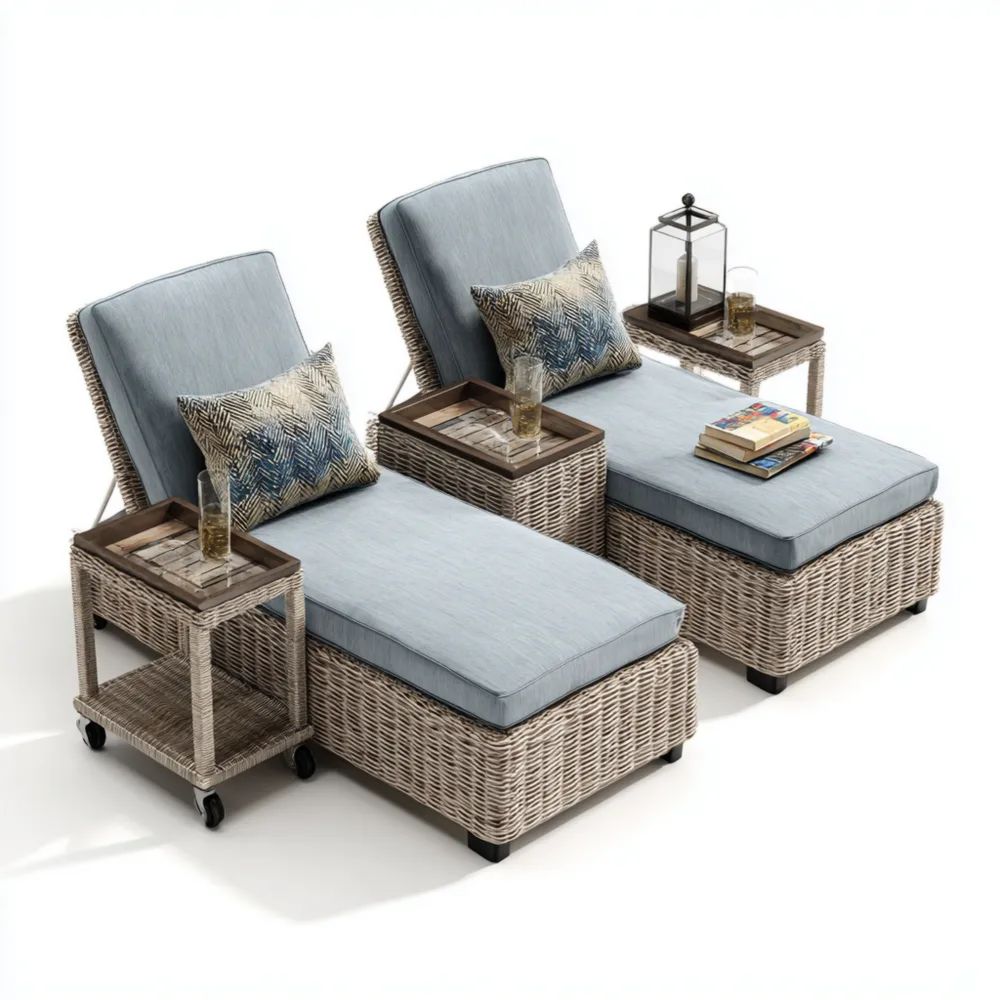Gartenliegen-Set Polyrattan – 200x70x35 cm – Hellblau/Beige