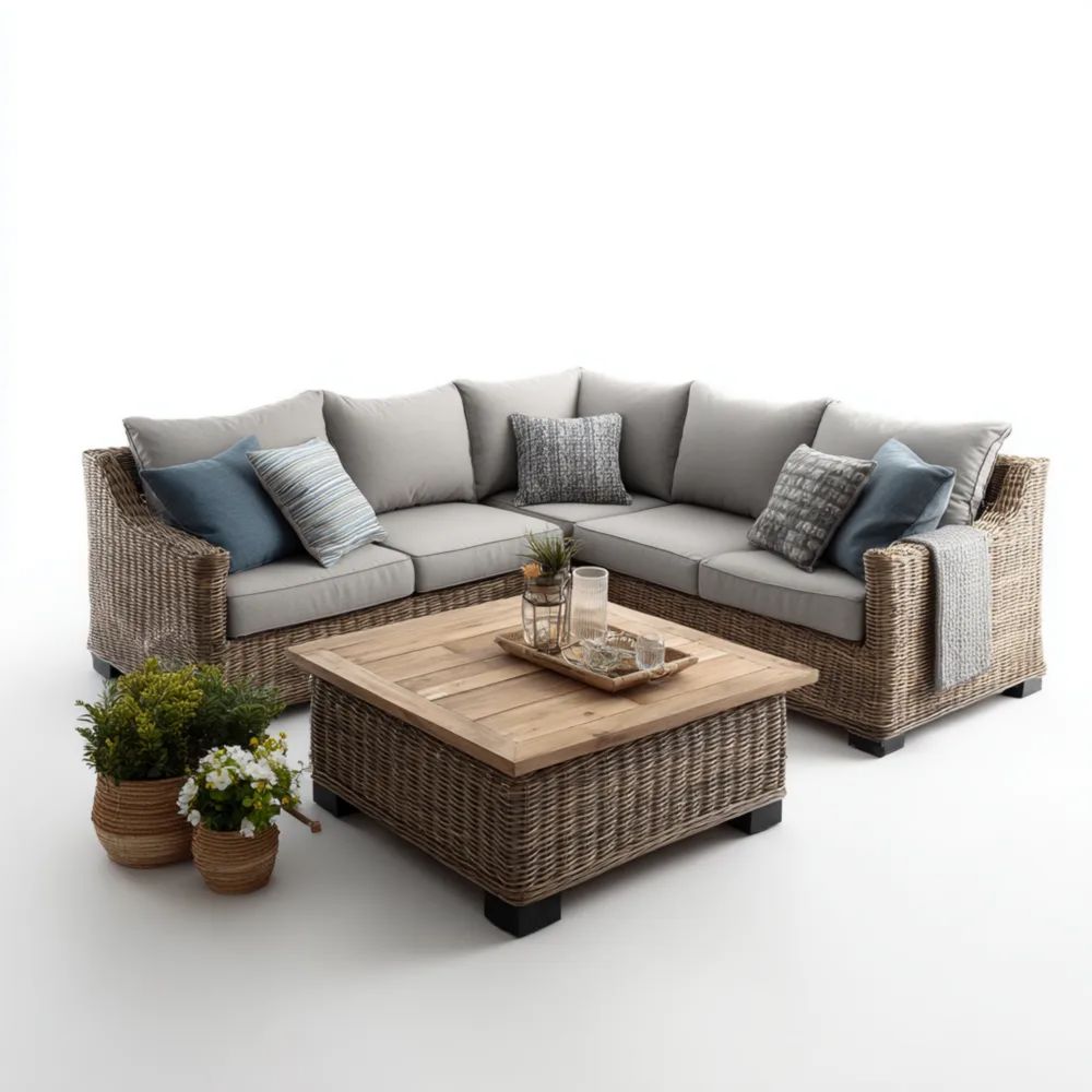 Lounge-Sofaset Rattan 200x200 cm – Hellgrau/Braun – Modernes Design