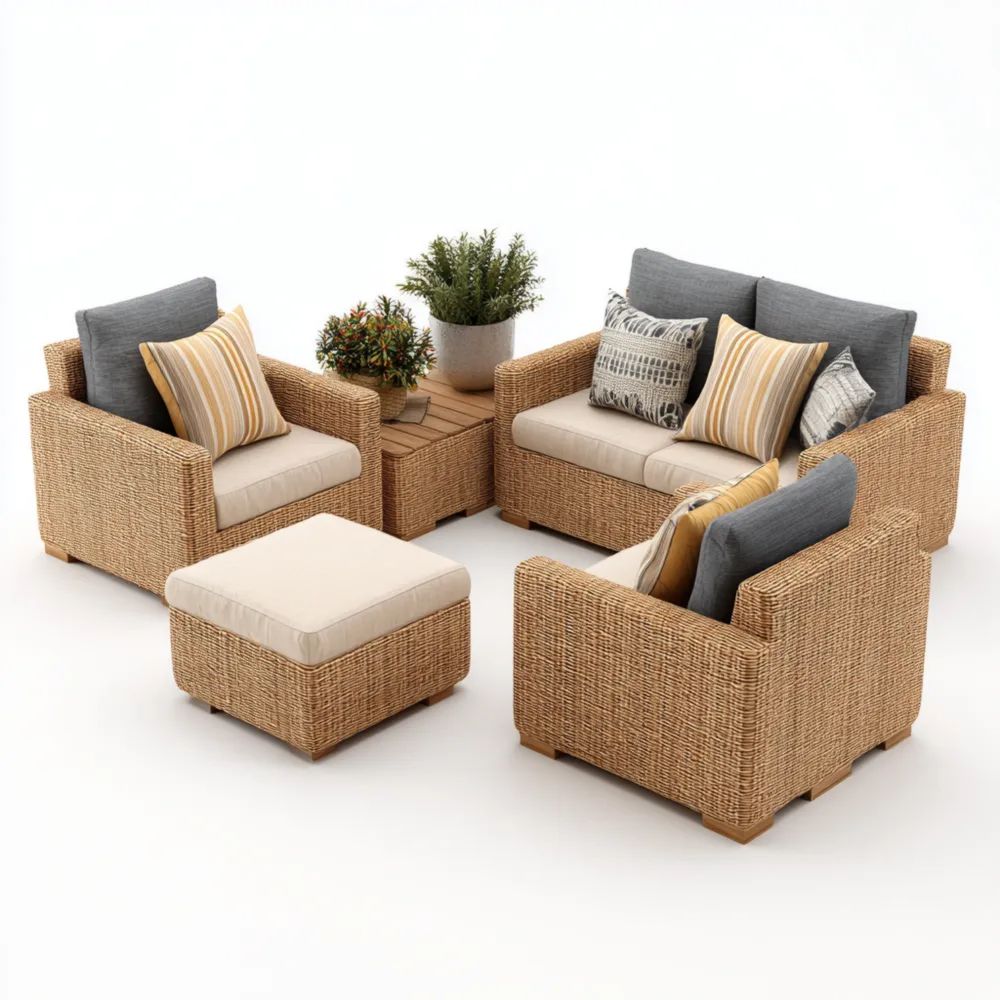 Garten-Sofaset Rattan 5-teilig Beige/Grau