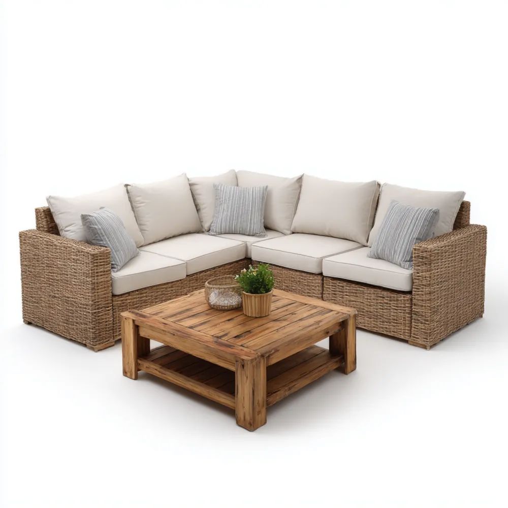 Rattan Gartensofa-Set 230x80x70 cm Beige – Ecksofagarnitur mit Couchtisch 80x80x40 cm – Robustes Design