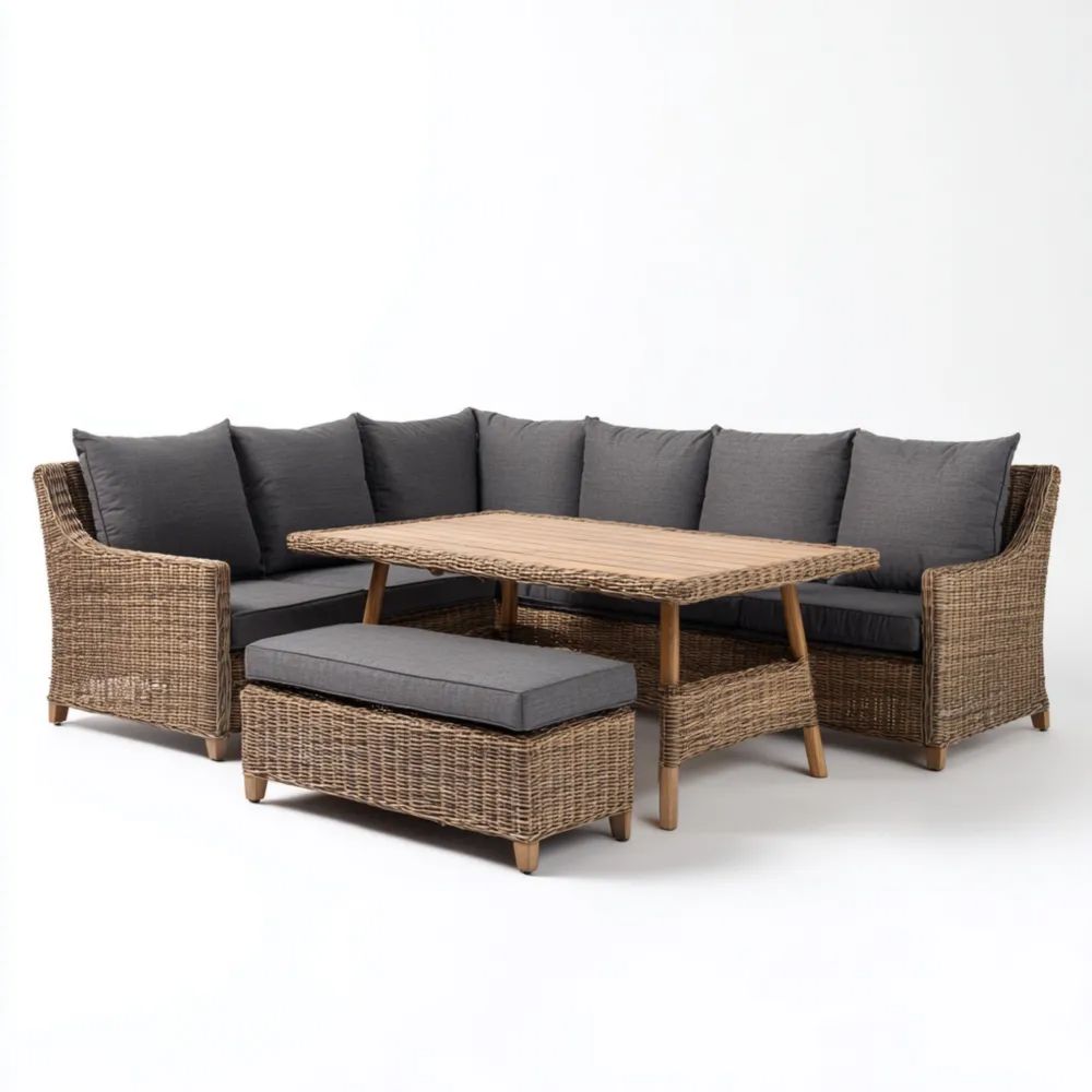 Garten-Sofaset Rattan 5-teilig 210x210x85 cm – Grau/Natürlich – Modernes Design