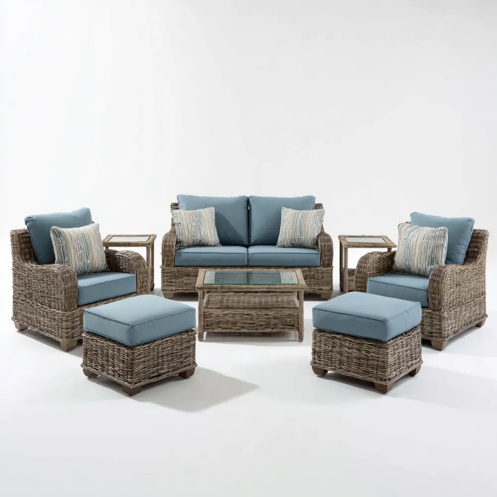 Garten-Sofaset Rattan mit Kissen 5-tlg 150 x 85 x 75 cm – Braun/Blau – Modernes Design