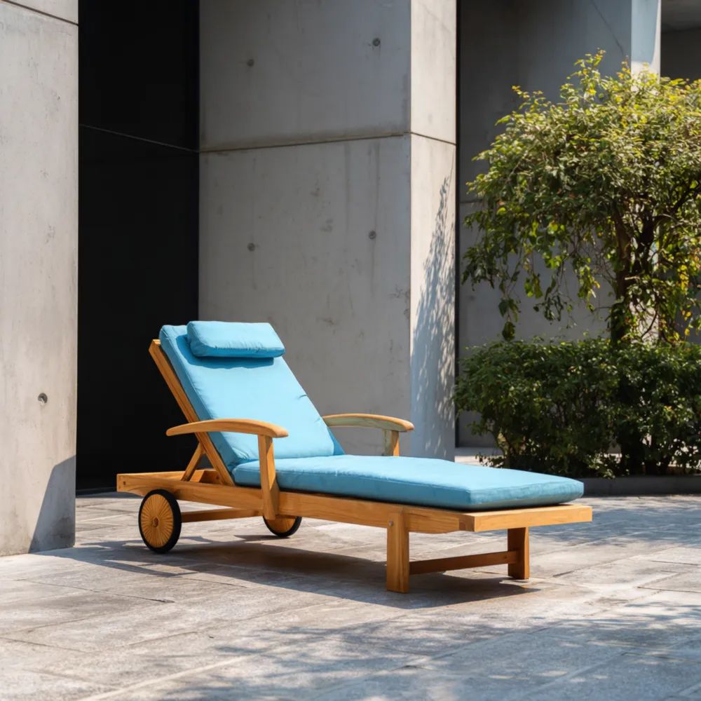 Verstellbarer Holzliegestuhl – 200x70x86 cm – Blau/Holzfarbe – Modernes Design