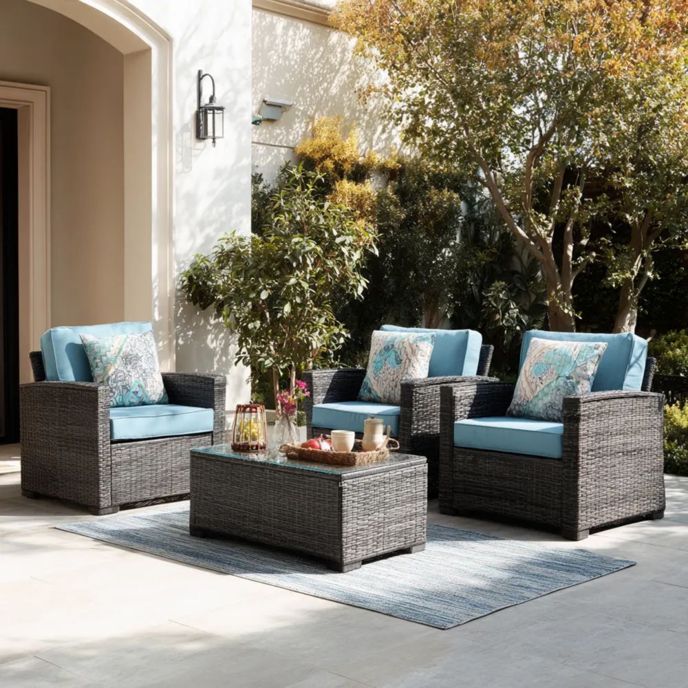 Garten-Sofaset Rattan 3-teilig 70x75x80 cm – Blau/Schwarz – Modernes Design