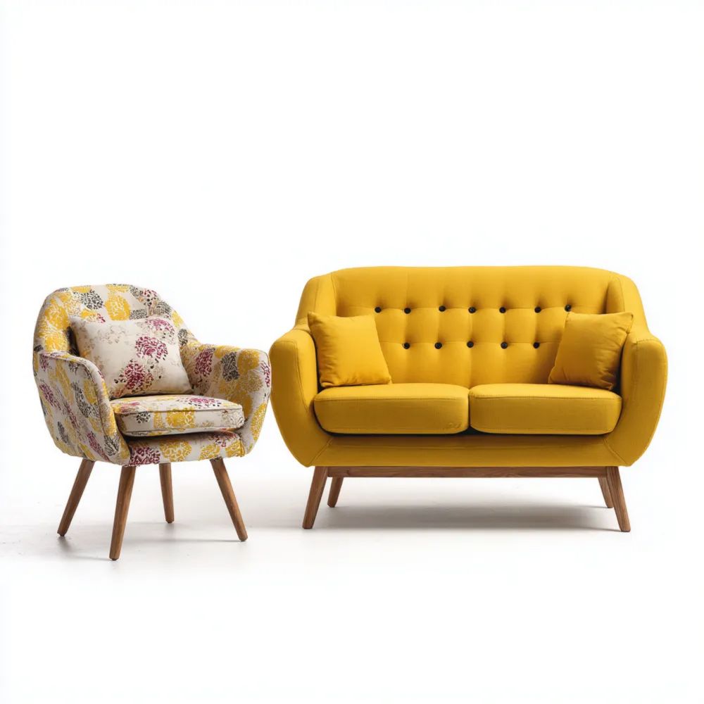 Sofa-Set Stoffpolsterung 140x80x85 cm – Gelb/Blumenmuster – Modernes Design