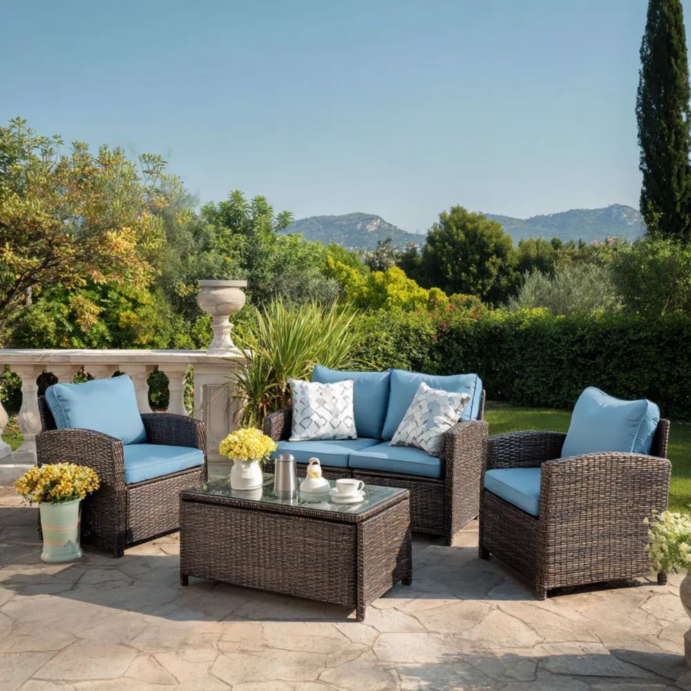 Garten-Sofaset Rattan Blau - 70x75x80 cm, 130x75x80 cm, 100x50x45 cm