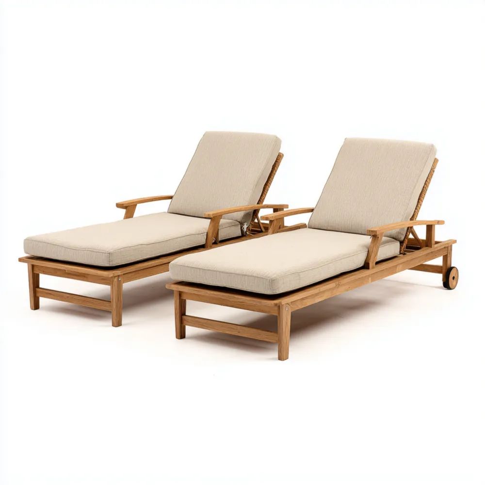 Gartenliege Set Holz - 200x70x35 cm - Verstellbar mit Polster Beige - Modernes Design
