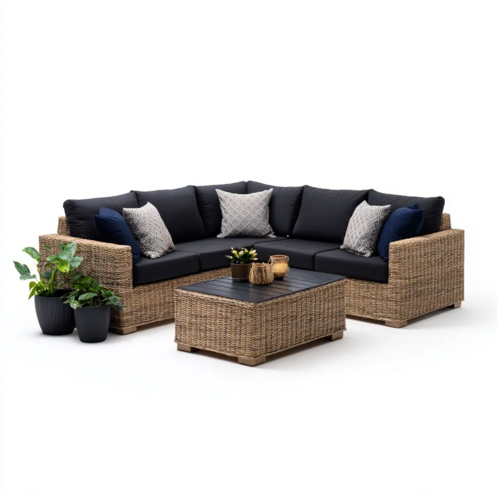 Garten-Sofaset Rattan 200x200x75 cm – Schwarz/Natur – Modernes Design