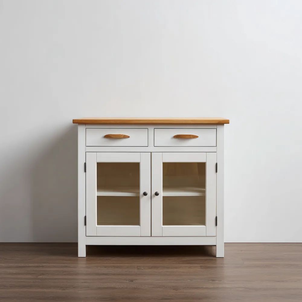 Sideboard 80x35x75 cm Holz mit Glasfronten - Weiß/Natur - Landhausstil