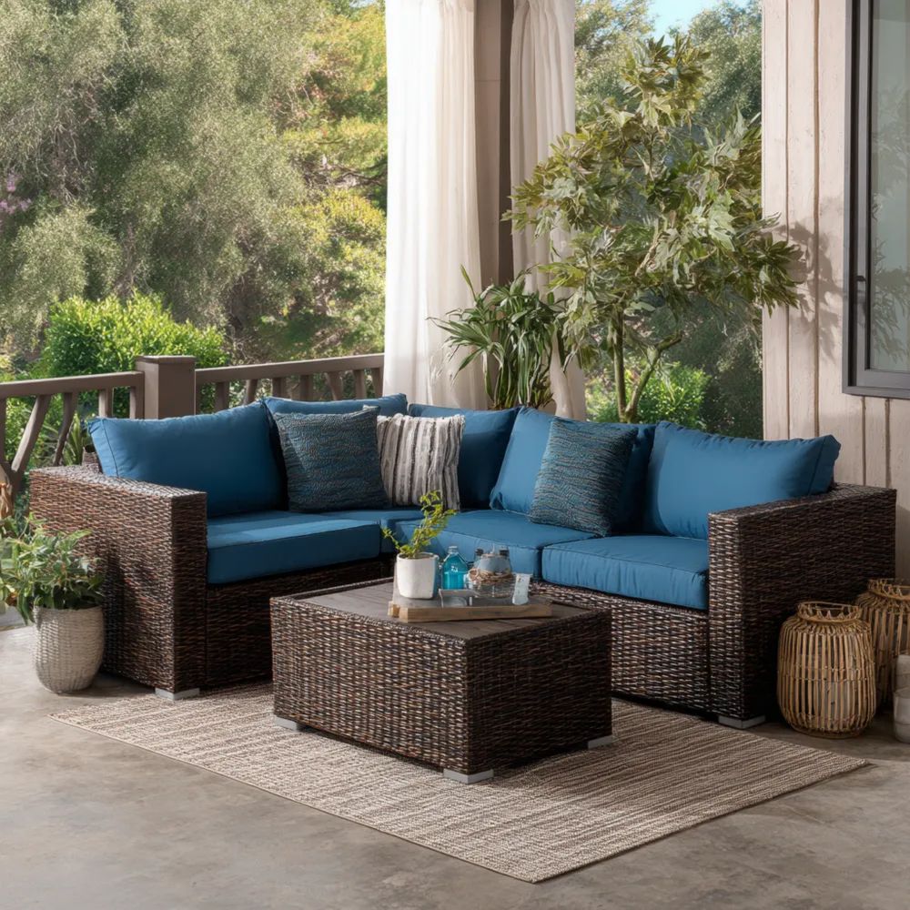 Garten-Sofaset Rattan Gewebe 200x70x65 cm – Blau – Moderner Stil