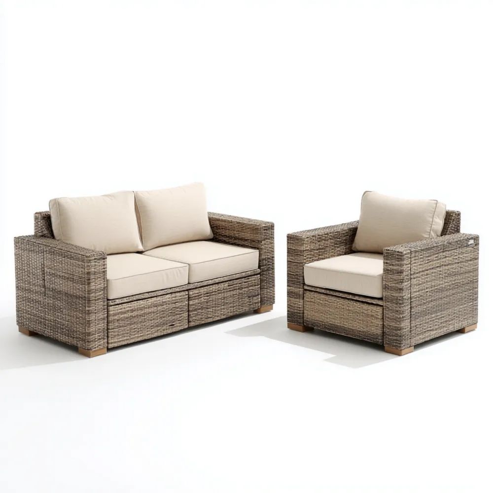 Garten-Sofaset Polyrattan Beige – Modernes Design 140x75x70 cm, 75x75x70 cm
