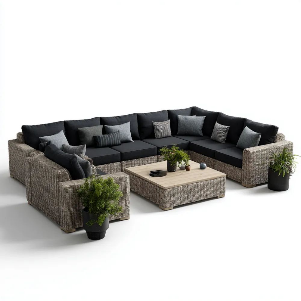 Garten-Sofaset Rattan Geflecht 300x240x75 cm – Schwarz/Grau – Modernes Design