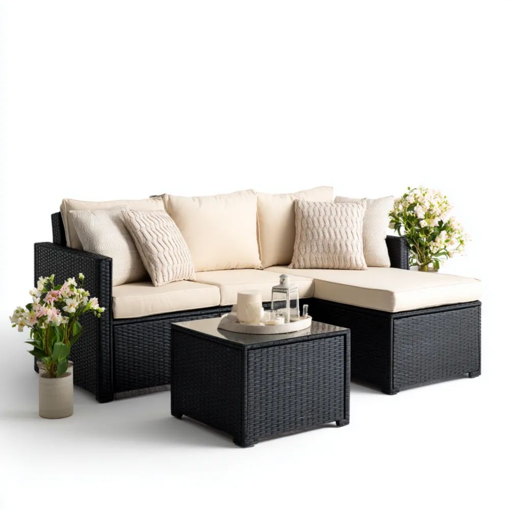 Garten-Sofaset Rattan 210x140x75 cm – Schwarz/Creme – Modernes Design