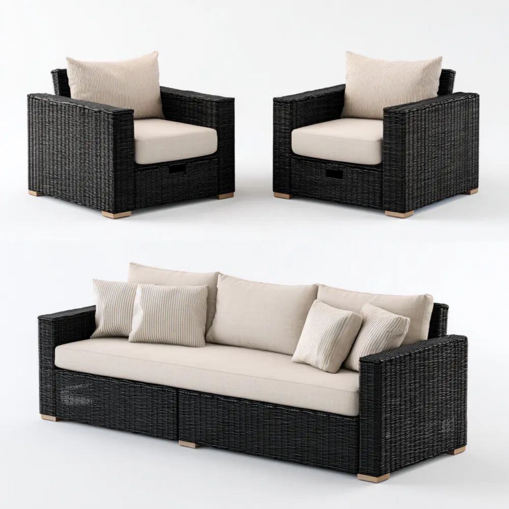 Garten-Sofaset Rattan 3-Sitzer mit 2 Sesseln 200x75x66 cm – Schwarz/Beige – Moderner Stil