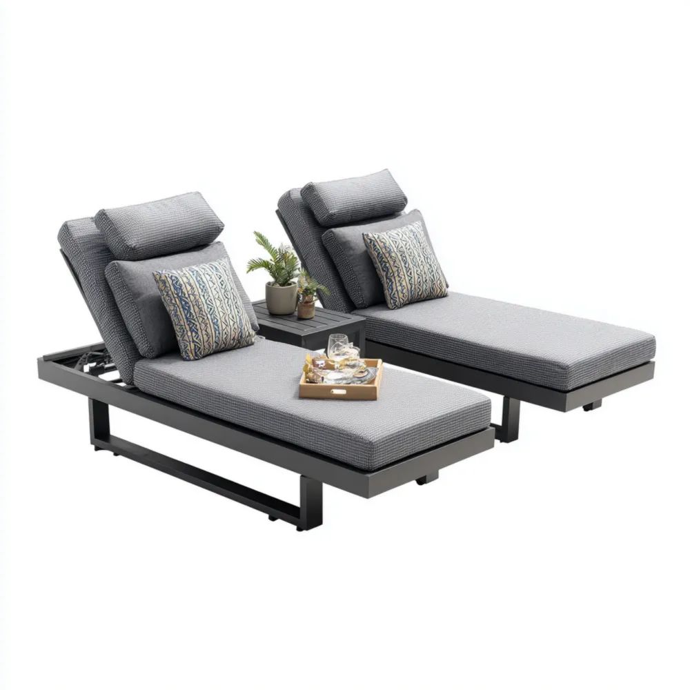 Gartenliegen-Set Aluminium Textil 200x70x40 cm - Grau - Verstellbare Rückenlehne
