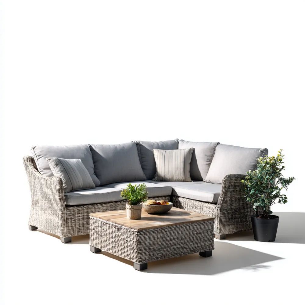 Ecksofa-Set Rattan 200x80x70 cm – Hellgrau/Natur – Modernes Design mit Kaffeetisch 90x60x40 cm