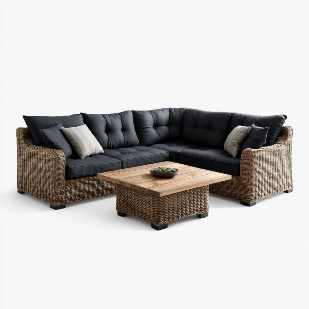 Garten-Sofaset Rattan Ecksofa 250x250x80 cm mit Tisch 100x100x40 cm – Grau/Natürlich – Moderner Stil